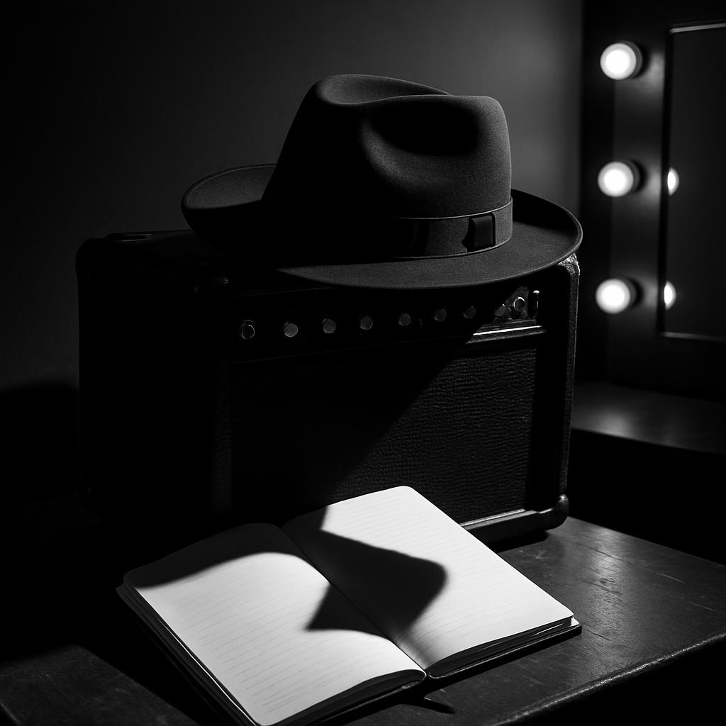 _a high-contrast photo of an open book, an electric guitar amplifier, and a fedora hat in a dark room with stage lighting_.