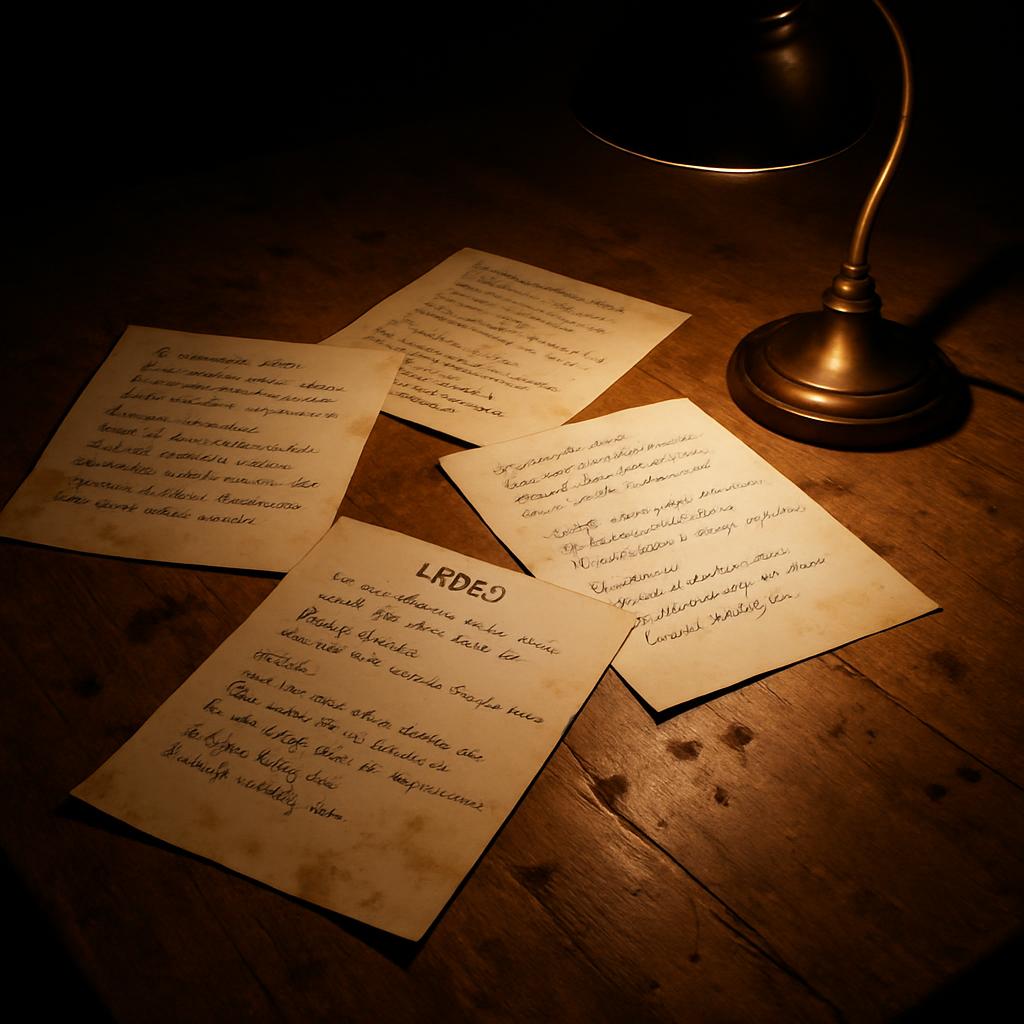 A closeup of medium brown paper notes with foreign writing, laid on a wooden desk under a small brass lamp, illuminated on...