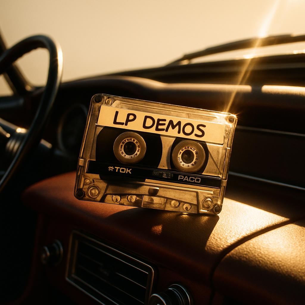 A close-up of a transparent cassette tape with the title "LP DEMOS" displayed across its top-face. The cassette is resting...