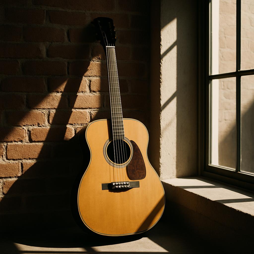 An acoustic guitar sits against a brick wall in a windowed sunbeam.