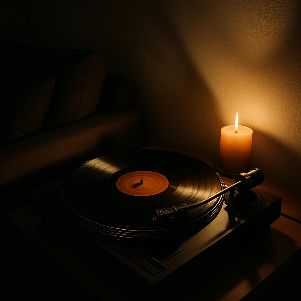 Vintage stereo with vinyl record, lit candle, and black wall illuminated by warm, amber light; luxurious, cozy atmosphere.